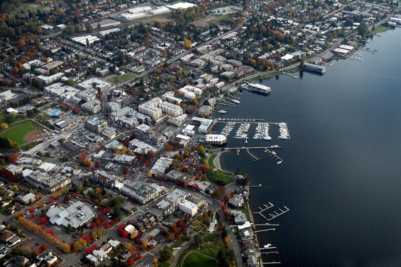 Aerial view of Kirkland, Washington condominiums along Lake Washington